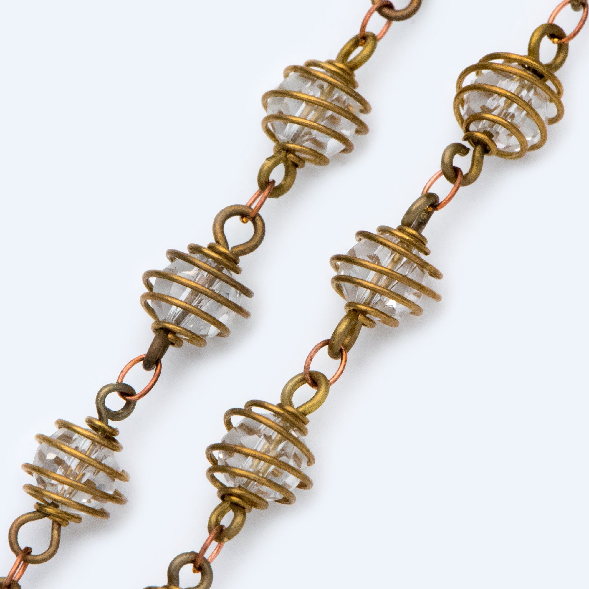 Raw Brass Crystal Bead Chain 7.5mm, Glass Rondelle Beaded Chain, Handmade Wire Chain Wholesale (#LK-218-RB)/ 1 Meter=3.3ft